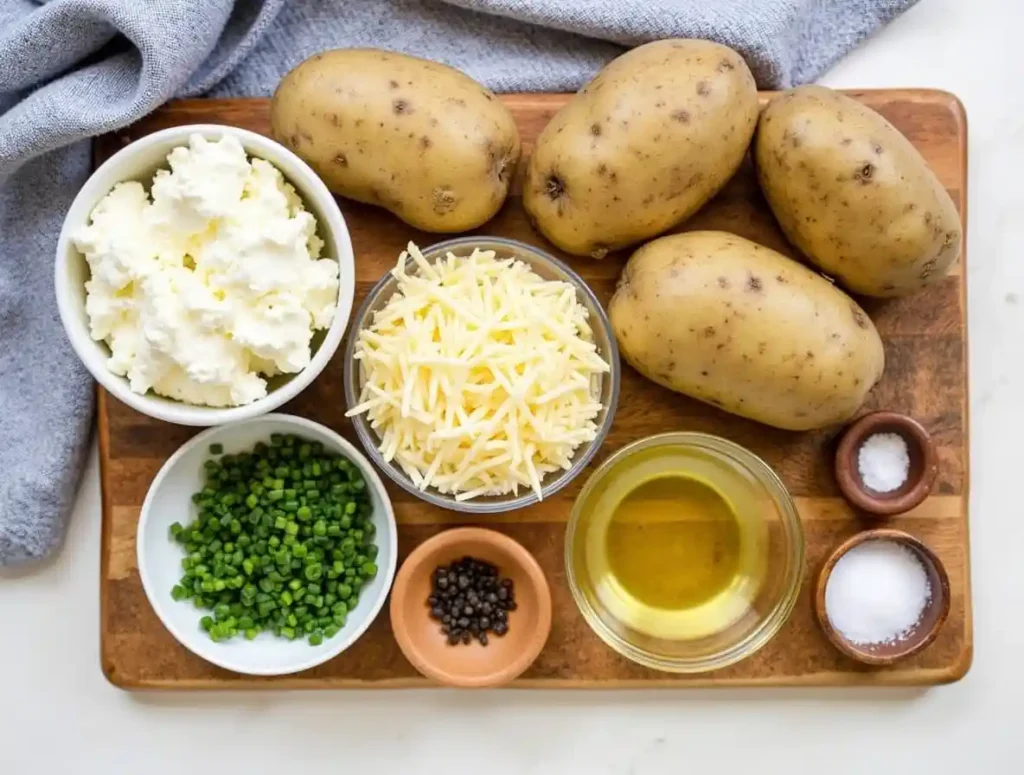 Fresh ingredients for Cottage Cheese Air Fryer Baked Potato Skins, including russet potatoes, cottage cheese, chives, and seasoning.