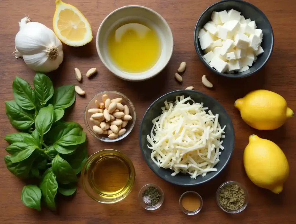 Cottage Cheese Provolone Pesto Recipe ingredients, including cottage cheese, provolone, fresh basil, and olive oil, beautifully arranged on a rustic wooden surface.