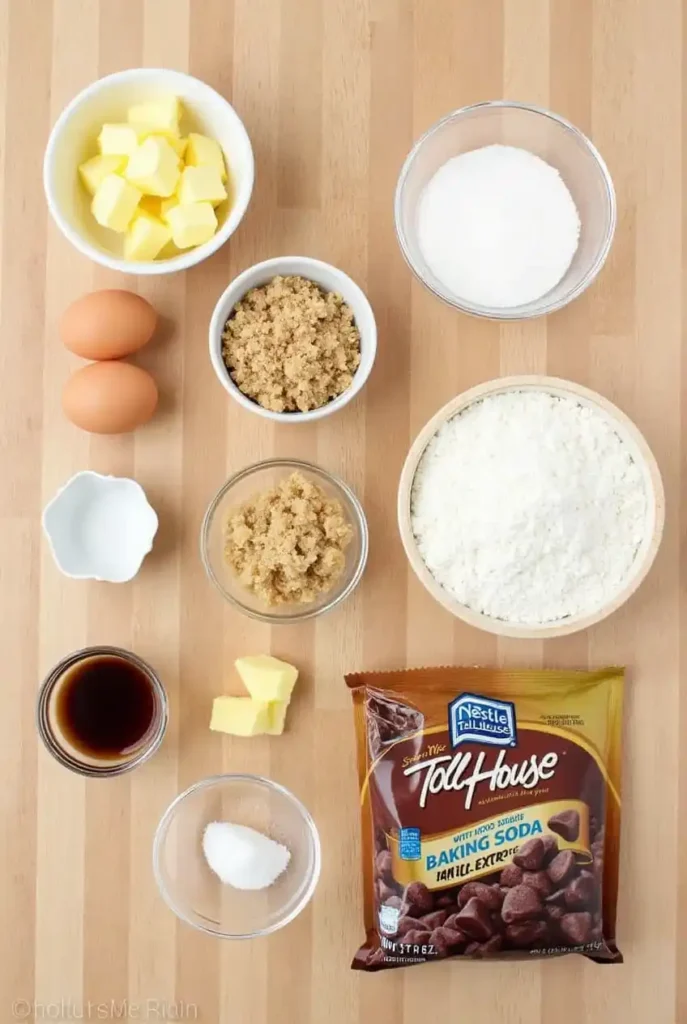 ngredients for Nestle Toll House chocolate chip cookies laid out on a countertop.