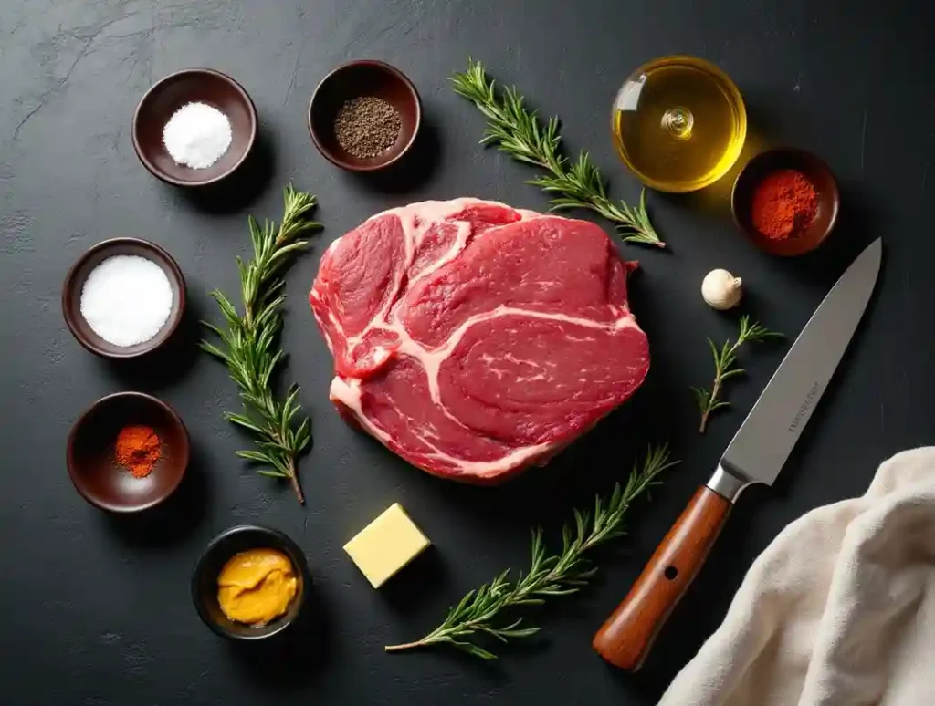 Raw ribeye roast with fresh herbs, garlic, butter, olive oil, and seasoning displayed on a dark slate surface, ready for preparation.