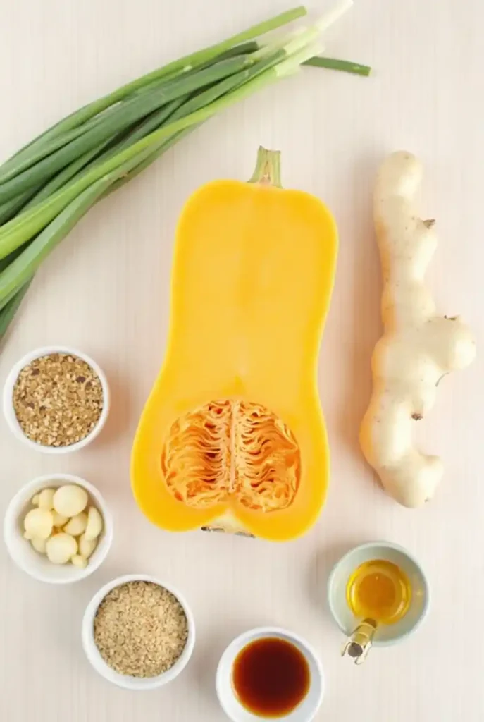 Ingredients for a vegan Chinese kabocha squash recipe, including squash, sesame oil, and soy sauce.