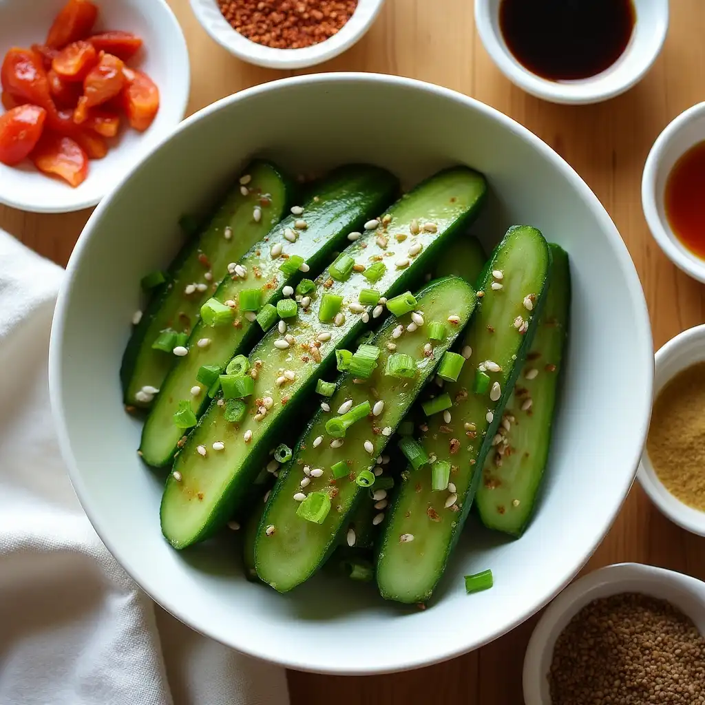 Flat lay of ingredients for Din Tai Fung-inspired cucumber salad including cucumbers, soy sauce, sesame oil, and chili oil.