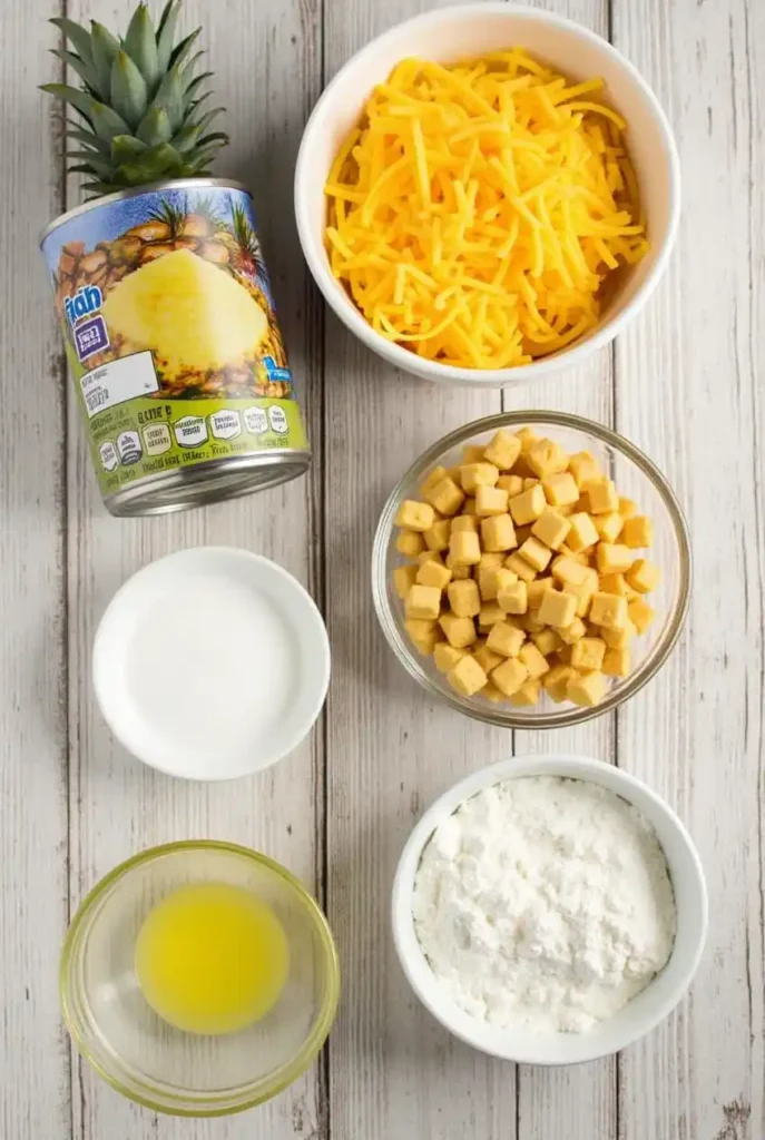 Flat lay of pineapple casserole ingredients, including crushed pineapple, cheese, crackers, and more.