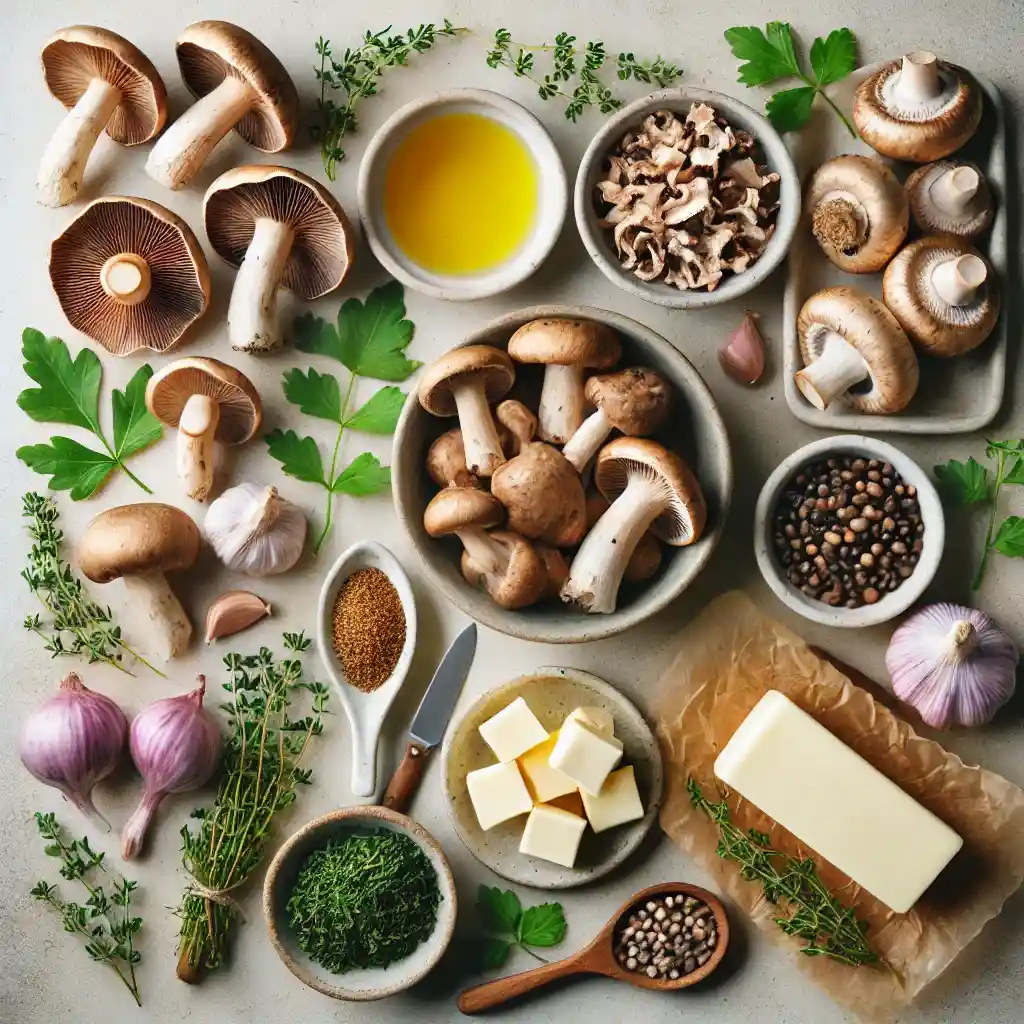 Ingredients for vegan recipes with wild mushrooms, including garlic, shallots, and fresh herbs.