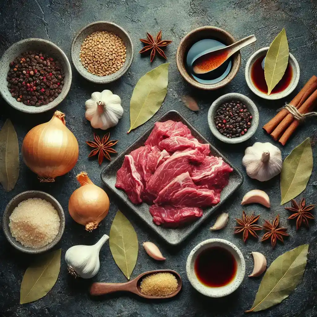 Flat-lay of beef tendon and ingredients like soy sauce, ginger, garlic, and star anise.