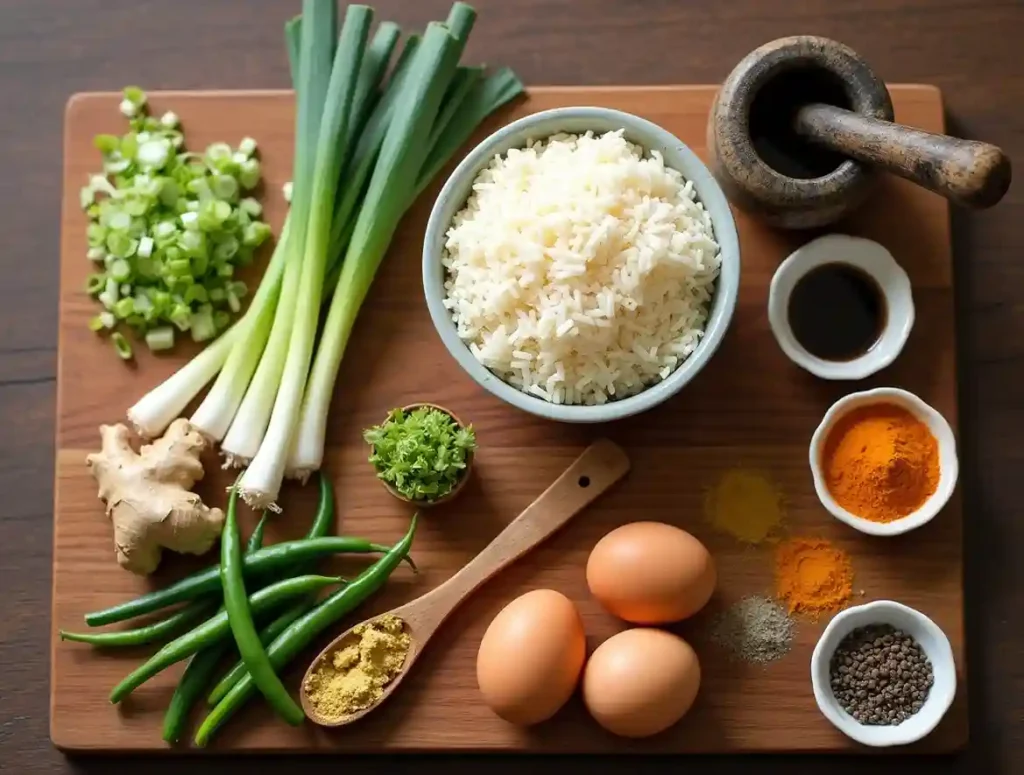 Essential ingredients for Anjappar Egg Fried Rice, including basmati rice, eggs, spices, and herbs, displayed on a rustic wooden board.