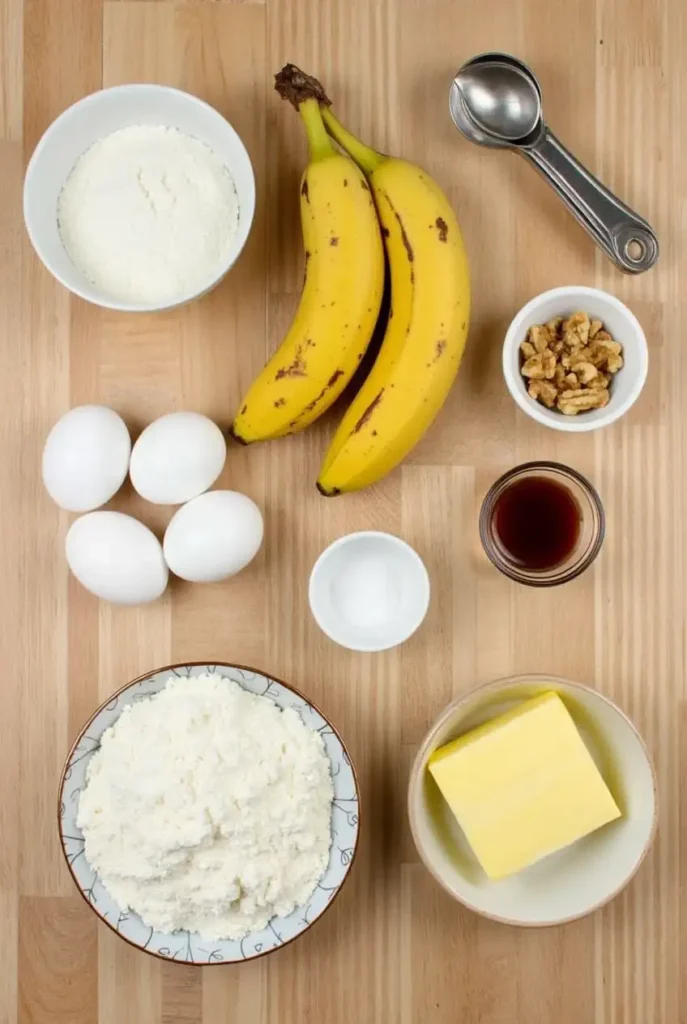 Essential ingredients for a 2 bananas banana bread recipe, including ripe bananas, eggs, butter, flour, sugar, vanilla extract, and walnuts, arranged on a wooden countertop.