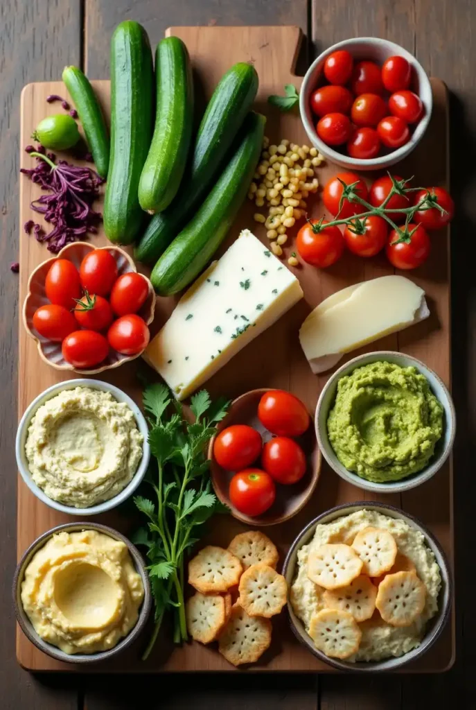 Fresh ingredients for finger foods arranged on a rustic wooden countertop, including cucumbers, cherry tomatoes, cheeses, herbs, crackers, and dips.