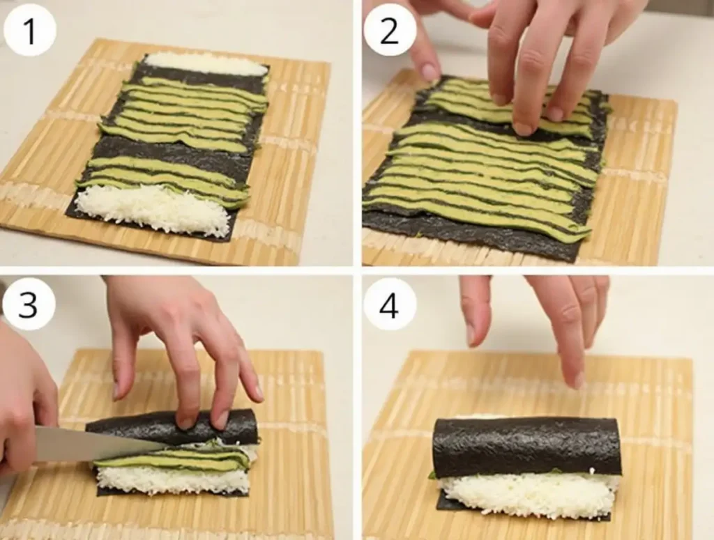 tep-by-step process of making sushi, from spreading rice on nori to rolling and slicing.