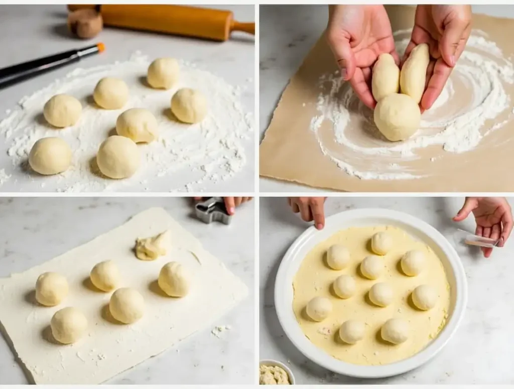 Hands shaping no-yeast dough balls on a floured surface.