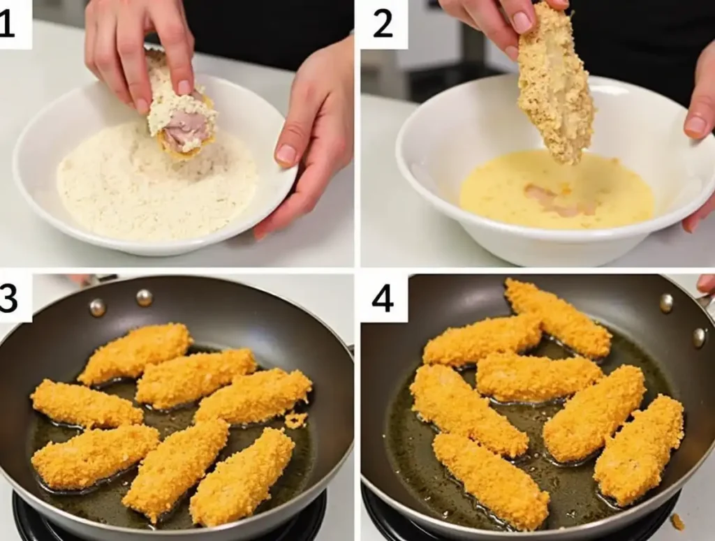 Step-by-step process of preparing Braum's chicken tenders.