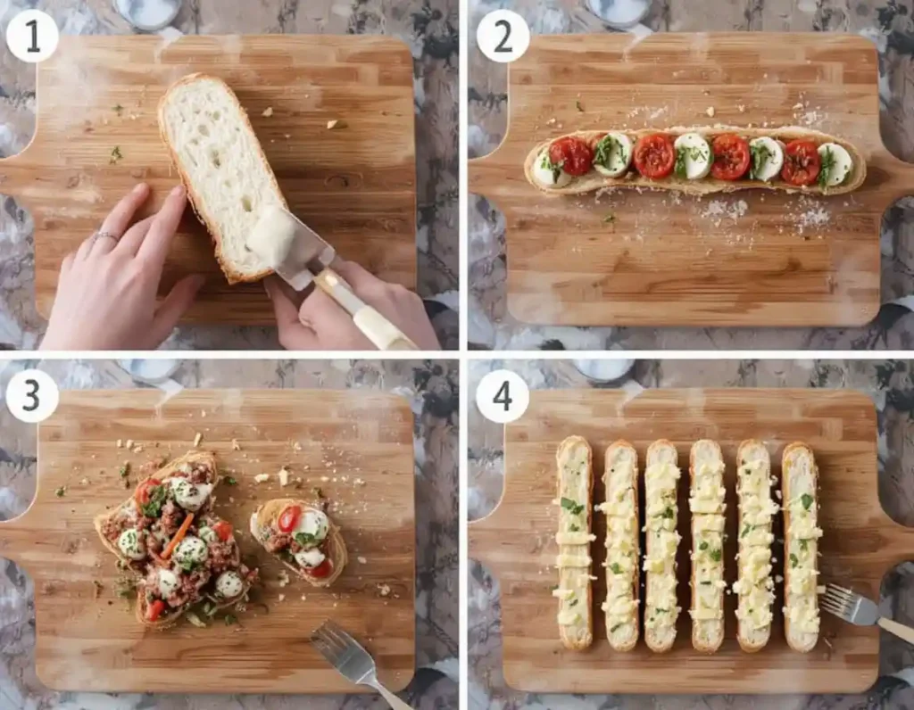 Hands preparing appetizers for lasagna dinner, slicing bread, assembling bruschetta, skewering Caprese, and brushing garlic butter on breadsticks