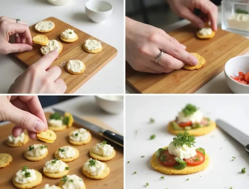 Chef’s hands assembling finger foods with cheese, crackers, and vegetables on a cutting board in a clean, bright kitchen.