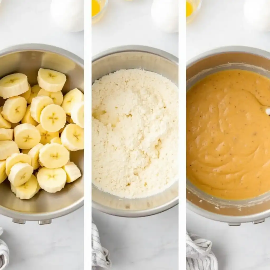 Step-by-step process for making 2 bananas banana bread: slicing bananas, mixing dry ingredients, and combining batter in a stainless steel bowl.