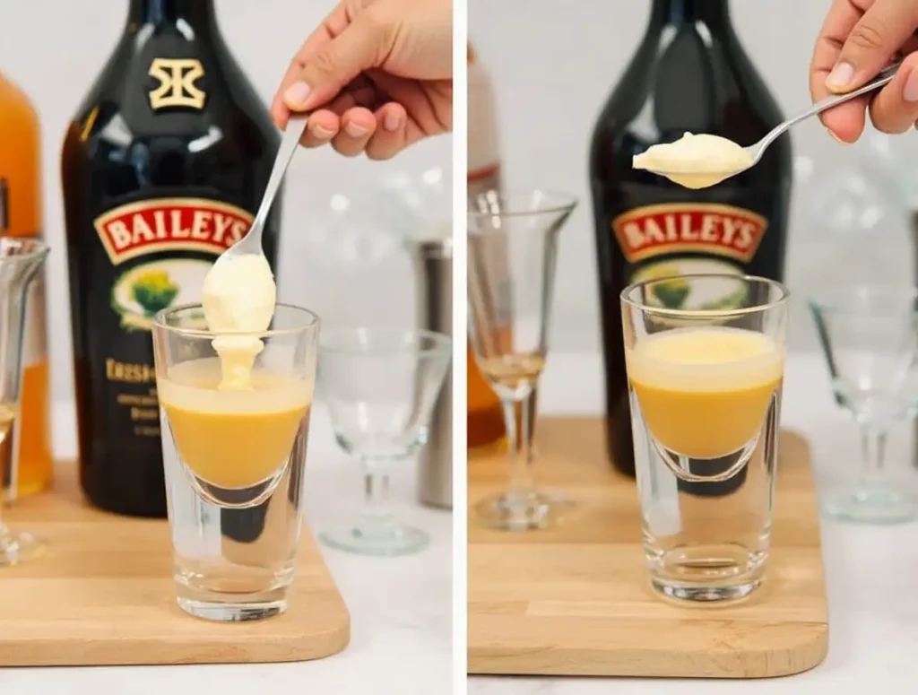 Hands layering a Buttery Nipple Recipe shot with schnapps and Baileys.
