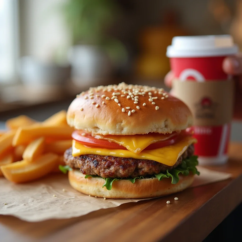 A freshly prepared cheeseburger with lettuce, tomato, and melted cheese on a sesame seed bun, served with a side of golden fries and a hot beverage in a branded cup.