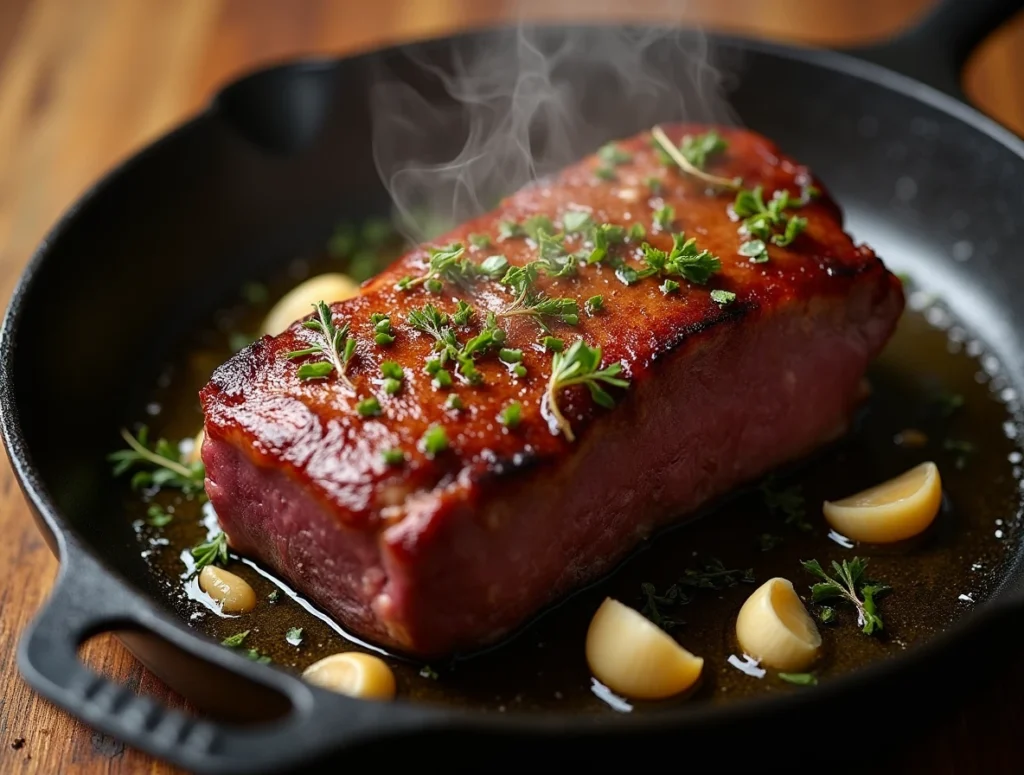 Venison roast searing in a skillet with herbs, garlic, and onions.