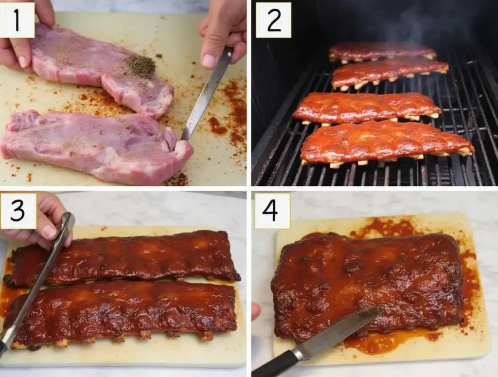 A collage showing the preparation and cooking process for beef back ribs, from seasoning to glazing and resting.