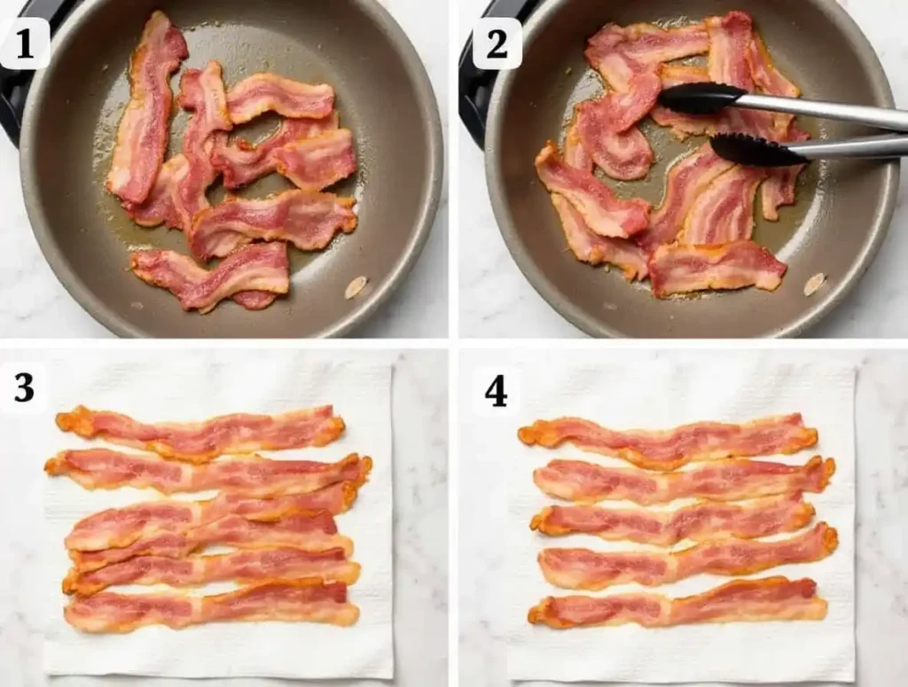 Step-by-step cooking process of beef bacon from frying to cooling.