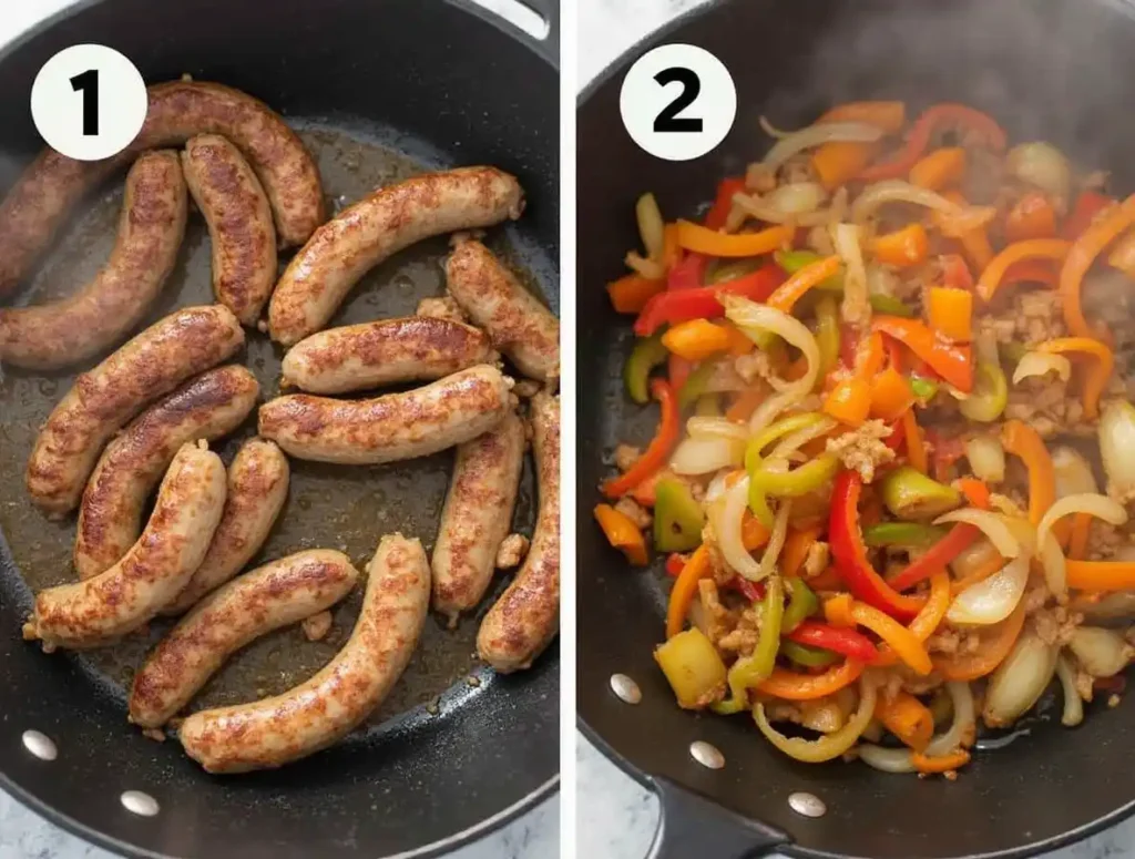 Beef sausage rounds being browned in a skillet with onions and bell peppers.