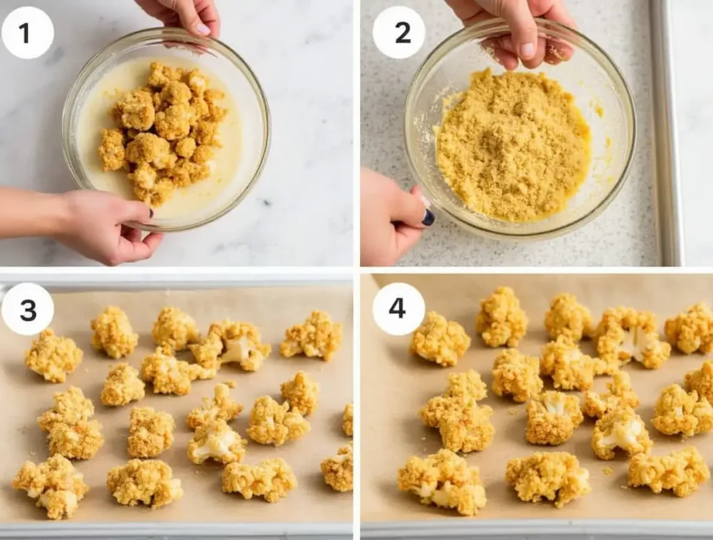 Hands preparing cauliflower spicy chicken tenders, dipping florets into spicy batter and coating them with breadcrumbs on a parchment-lined tray.