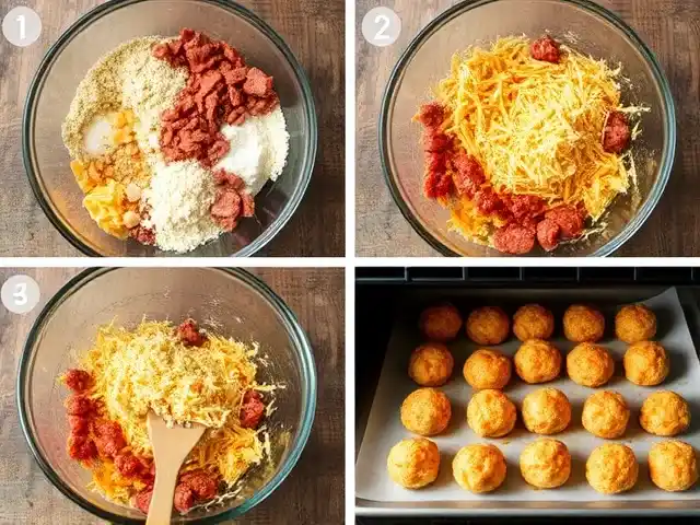 Step-by-step images showing the preparation of cheesy sausage balls, from mixing ingredients to rolling and baking on a parchment-lined tray.