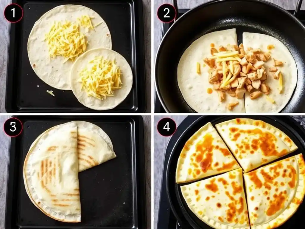 Step-by-step process of making Applebee’s Chicken Quesadilla, from assembling ingredients to cooking on a skillet and serving.