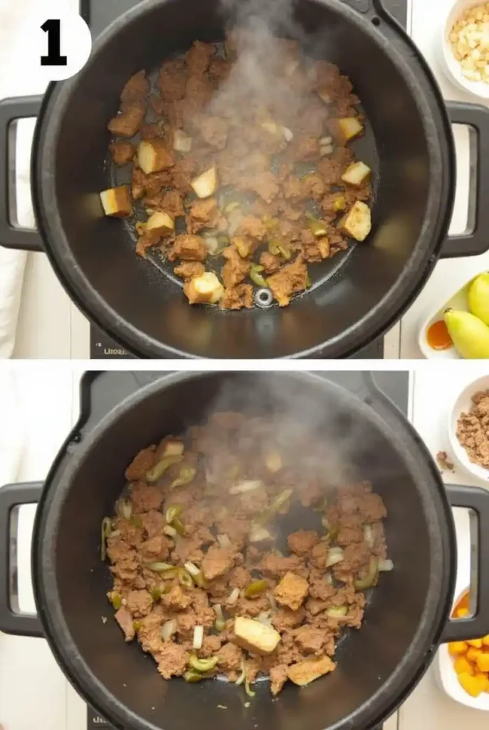 Beef tendon sautéed with garlic, ginger, and onions in a deep pot.