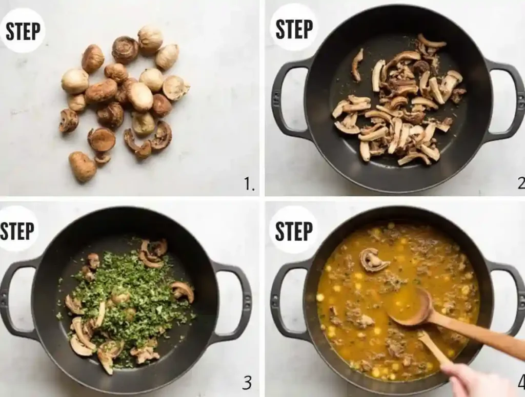 Step-by-step process of cooking vegan recipes with wild mushrooms, including sautéing and simmering.