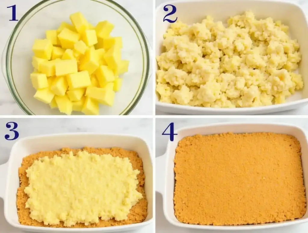 Step-by-step visuals of making a pineapple casserole, from prep to baking.