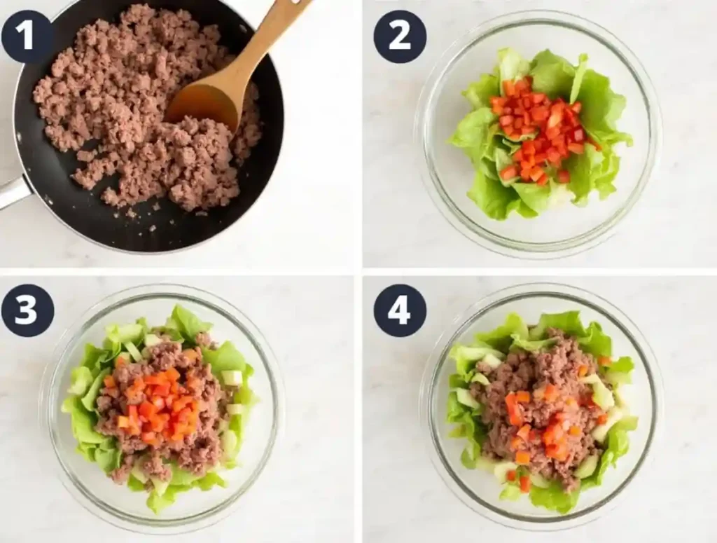 Step-by-step process of making a burger bowl, from cooking to assembly