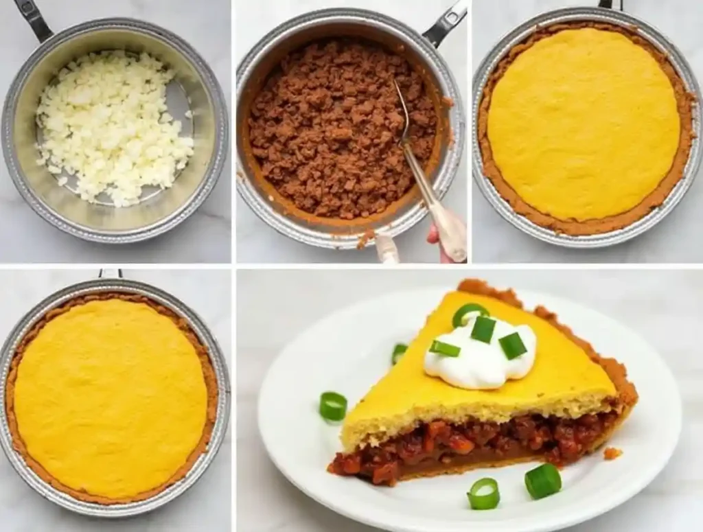 Step-by-step preparation of cornbread-topped chili pie in a grid layout.