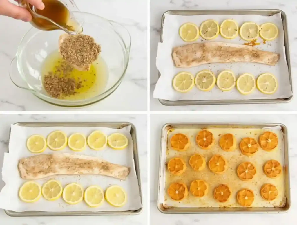 Step-by-step process of preparing steelhead trout with lemon and herbs."