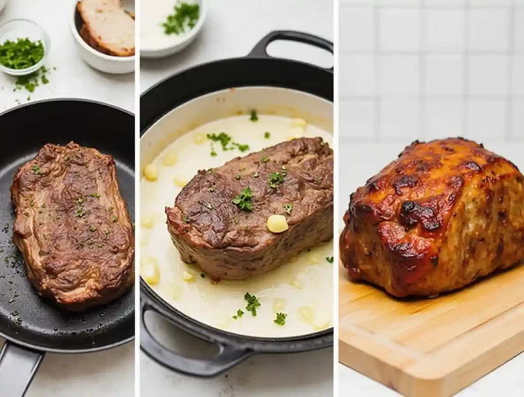  Step-by-step visuals for preparing roast beef, from searing to roasting.