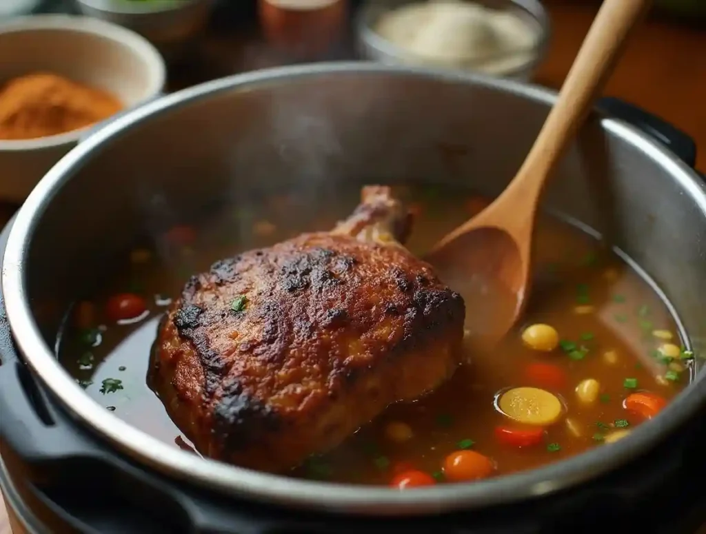 A Bone In Shank Recipe in Pressure Cooker cooking in a flavorful broth with vegetables and spices, showcasing the tenderizing process inside the pot.