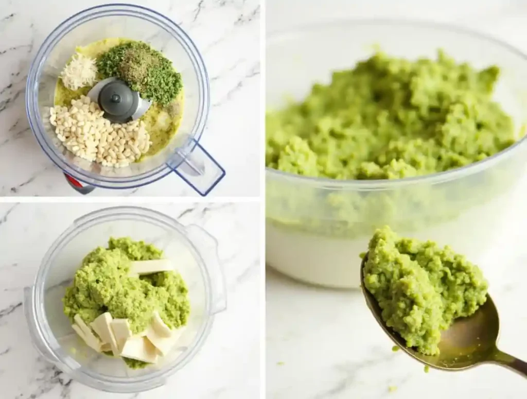 Step-by-step preparation of cottage cheese provolone pesto in a food processor, showing the blending process.