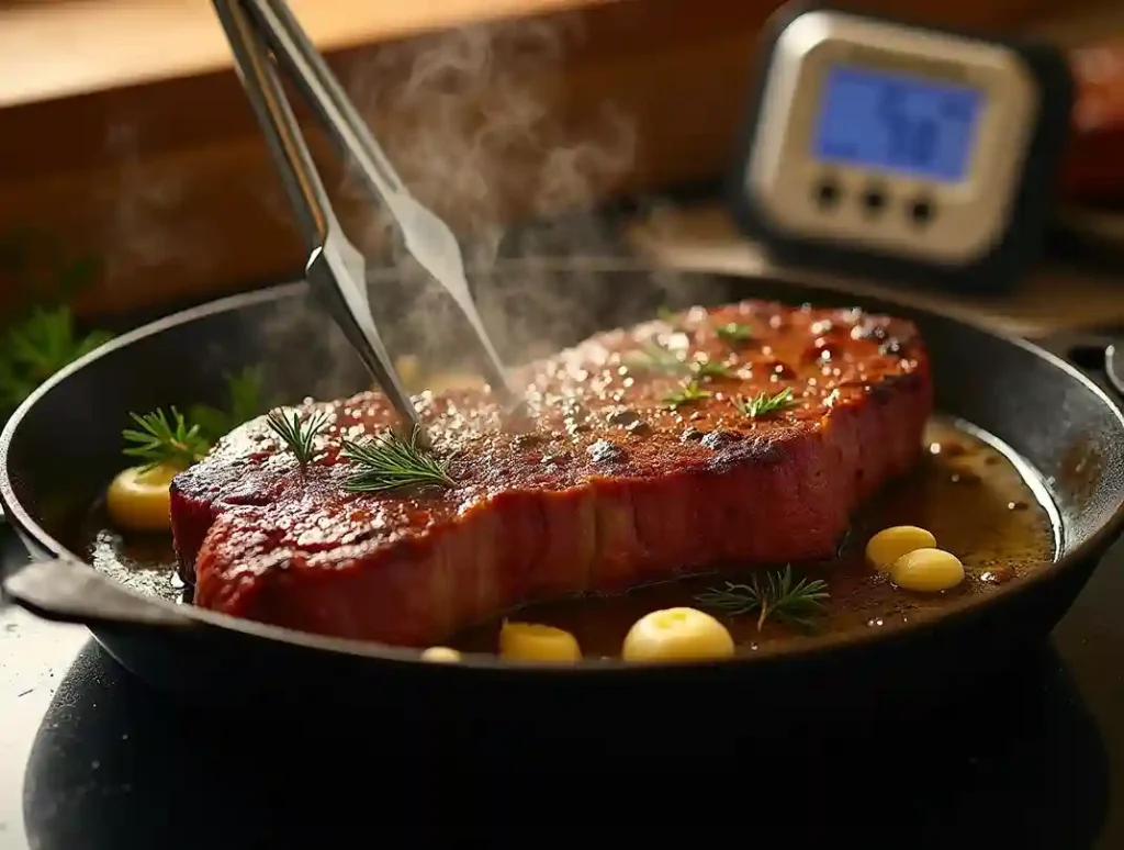 Ribeye roast being seared in a cast-iron skillet with sizzling butter, garlic, and fresh herbs, creating a perfect golden crust.