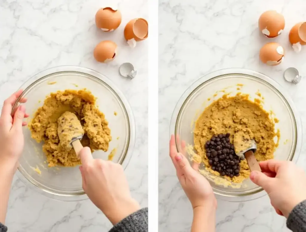 A baker folding chocolate chips into cookie dough in a large mixing bowl.