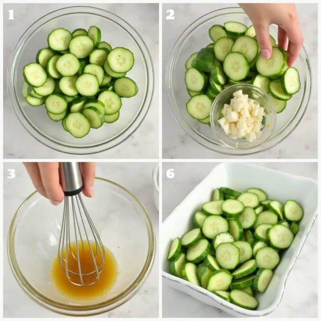 Step-by-step process for making Din Tai Fung-inspired cucumber salad, from salting cucumbers to mixing dressing.