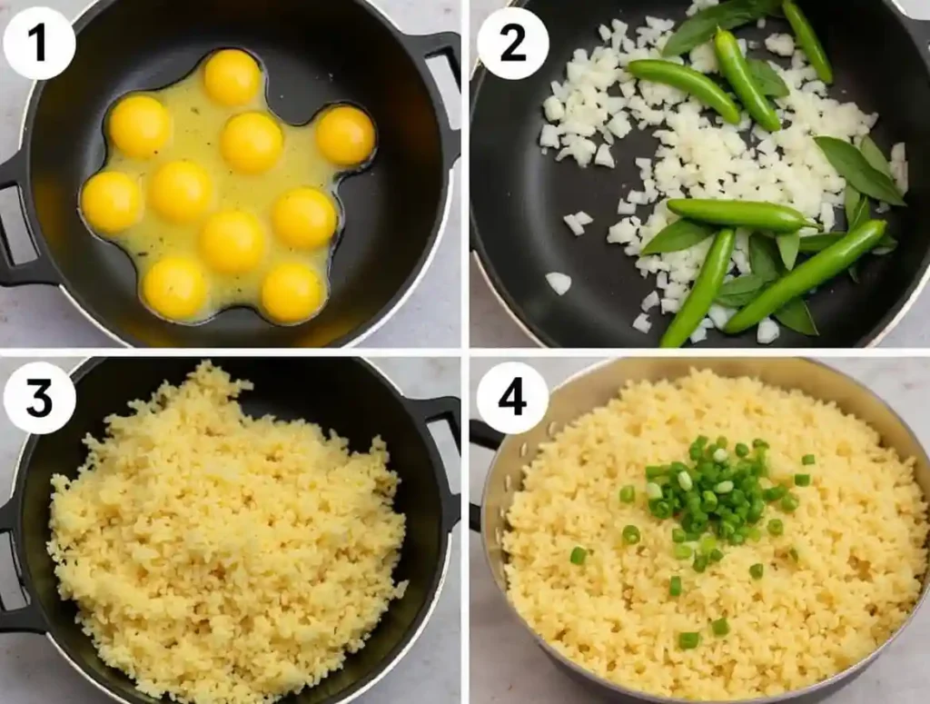 Step-by-step process of cooking Anjappar Egg Fried Rice, from scrambling eggs to stir-frying rice with spices and garnishes.