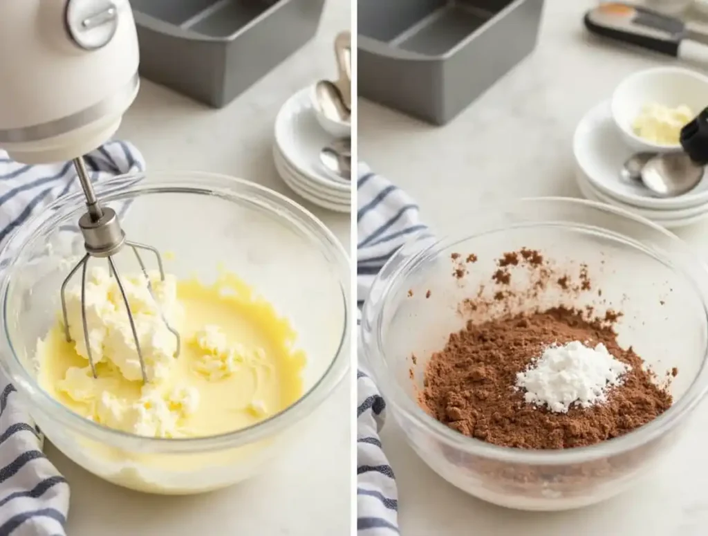 Step-by-step process of making a chocolate cream cheese pound cake in a kitchen.