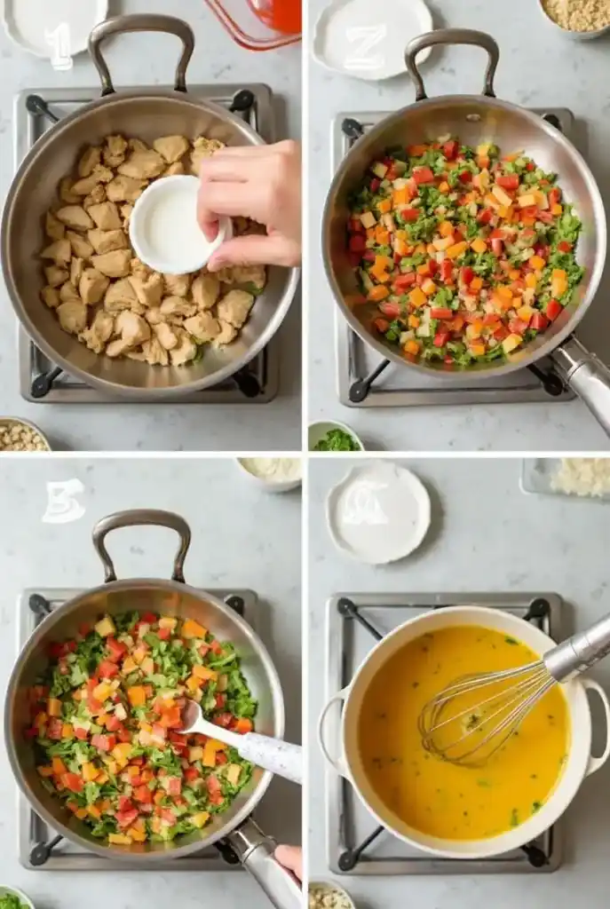 Step-by-step process of preparing a chicken breakfast recipe, featuring cooking seasoned chicken, sautéing fresh vegetables, mixing ingredients, and whisking eggs for a balanced meal