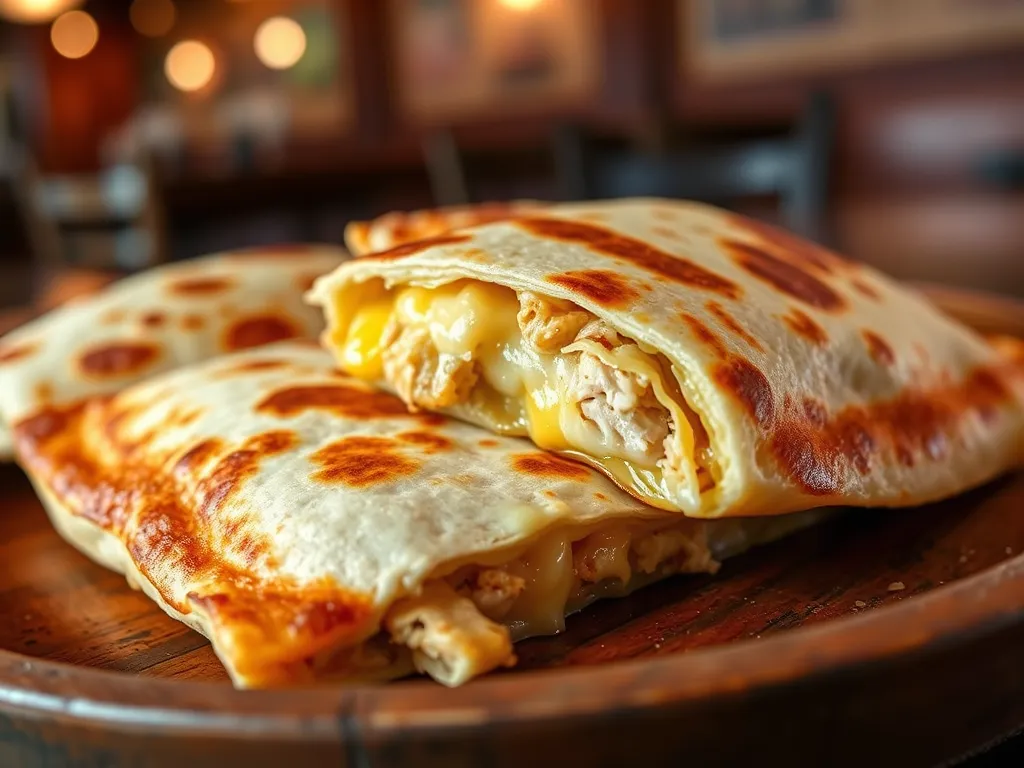 Applebee’s Chicken Quesadilla with melted cheese and grilled chicken, served on a rustic plate with warm restaurant lighting.