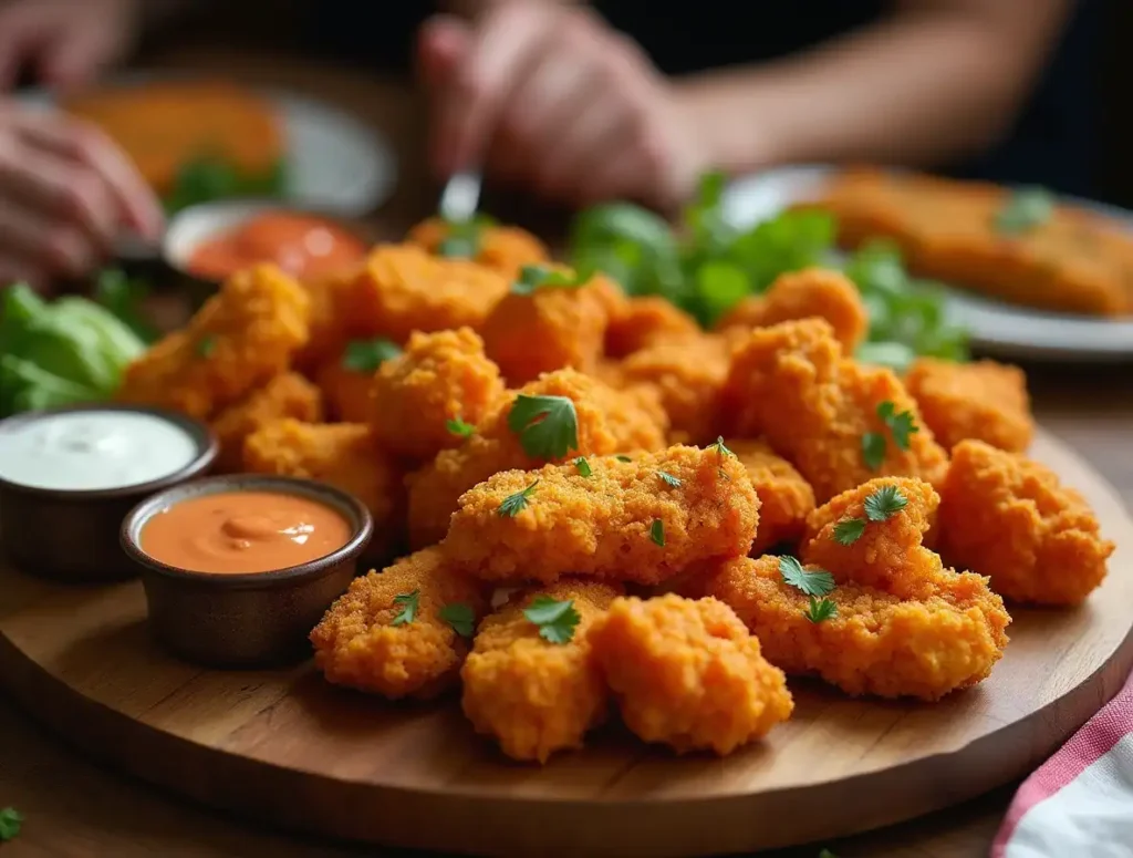 A platter of cauliflower spicy chicken tenders garnished with parsley, served with dipping sauces on a rustic board, surrounded by happy diners.