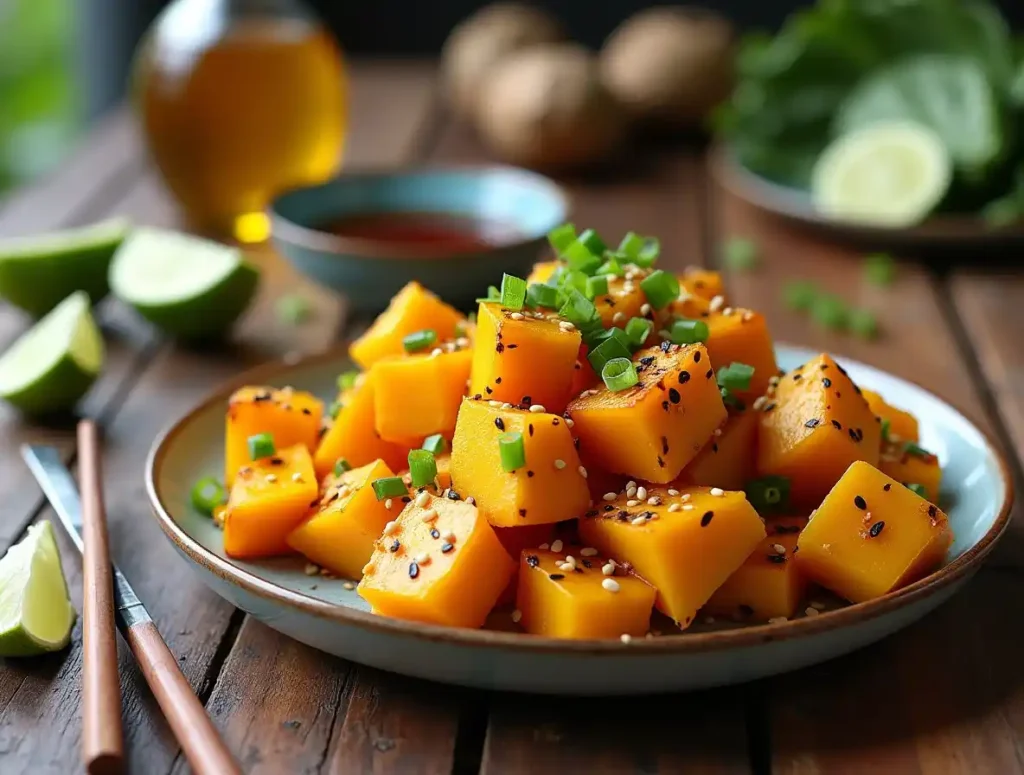 Golden roasted kabocha squash garnished with sesame seeds and scallions on a rustic table.