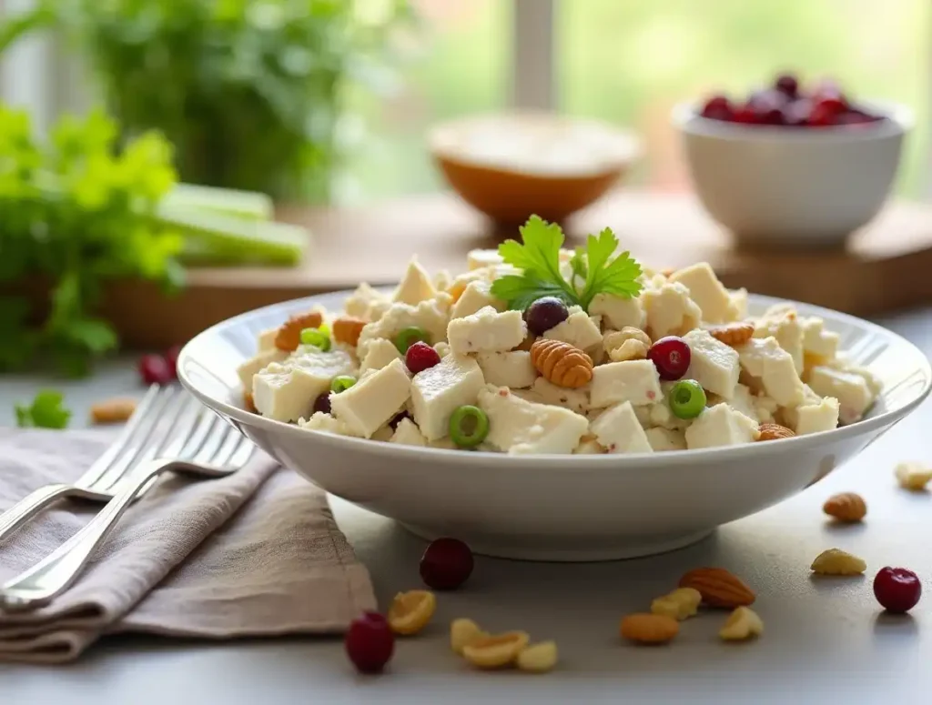 A bowl of premade chicken salad surrounded by fresh ingredients like celery, nuts, and cranberries."