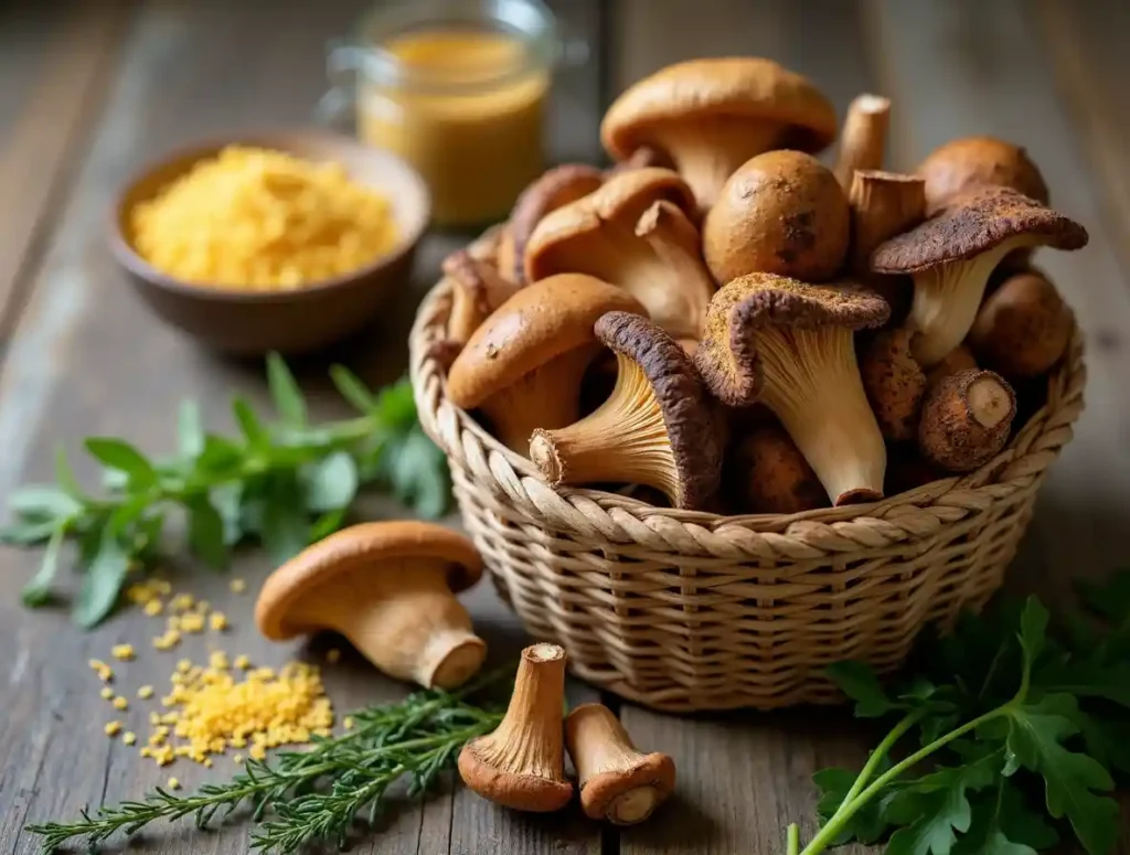 A basket of fresh wild mushrooms with herbs and nutritional yeast on a rustic table.