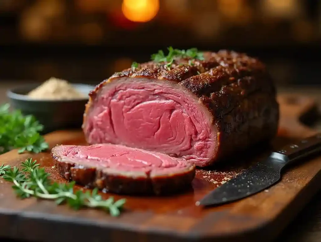 Ribeye roast recipe featuring sliced ribeye with a golden crust and juicy pink center, resting on a wooden board with fresh rosemary and seasoning blend.