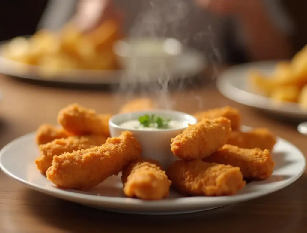 Golden Braum's chicken tenders with dipping sauces on a plate.