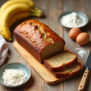 Freshly baked banana bread loaf sliced on a wooden board, with bananas, butter, and coffee in the background.